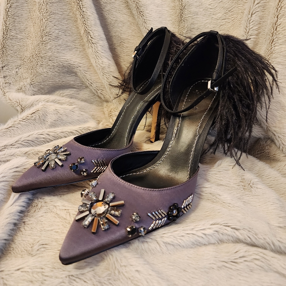 Zara Satin Feather & Crystal Shoes sz 39/9 NEW